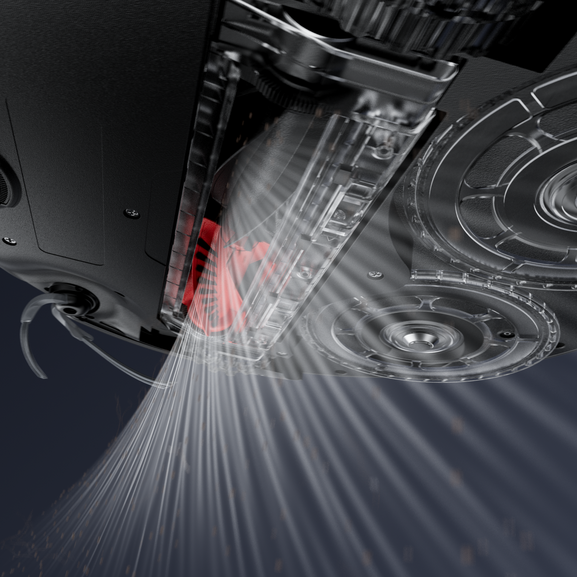 Close-up of the underside of a black robot vacuum, showing a red roller brush and circular mop pads, with illustrative white lines sweeping into the brush area to demonstrate suction