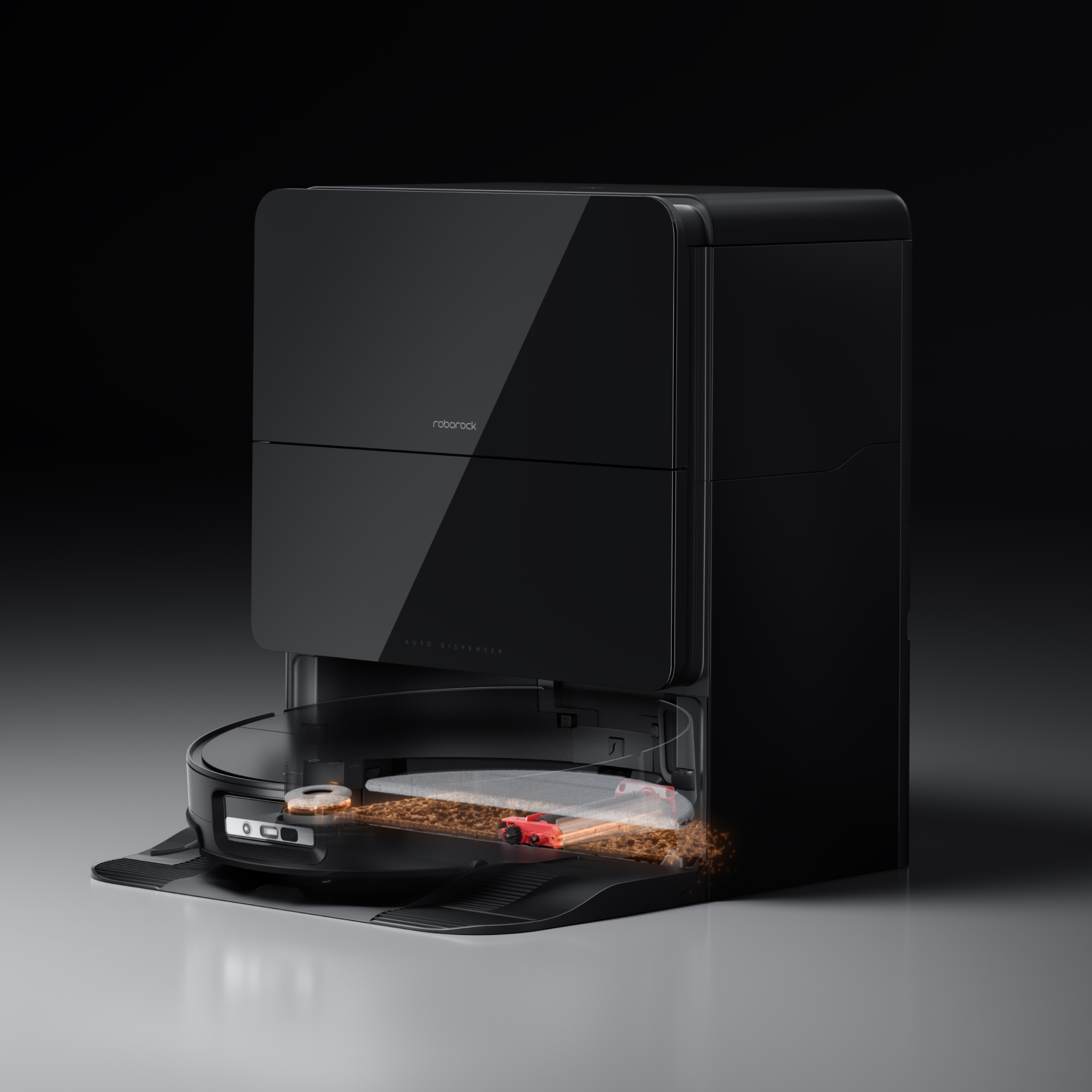 Black Roborock robot vacuum docked in a black base station, featuring an illustrative transparent cutaway that shows the circular mop pad being washed by a red cleaning mechanism