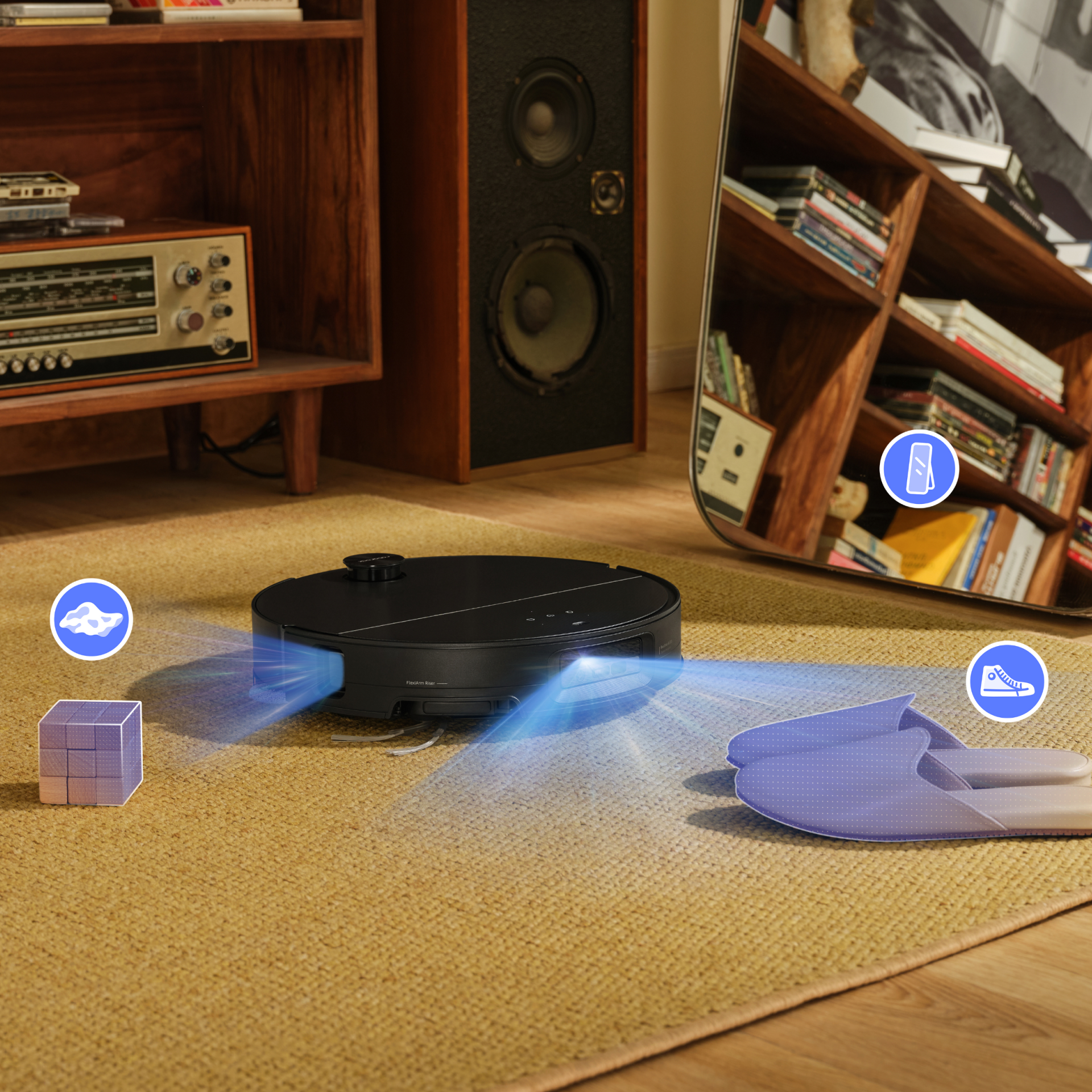 Black Roborock robot vacuum on a living room rug, emitting illustrative laser beams towards a toy cube, a pair of slippers, and a mirror. Floating blue icons with symbols appear next to each object to demonstrate Roborock's exclusive Autonomous StarSight™ System laser obstacle avoidance feature