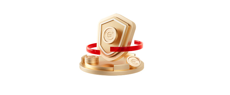 Um escudo dourado 3D envolto numa fita vermelha, assente sobre moedas de ouro
