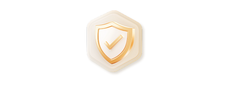 A 3D white and gold shield icon with a checkmark
