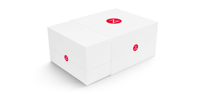 A white shipping box featuring the red Roborock logo