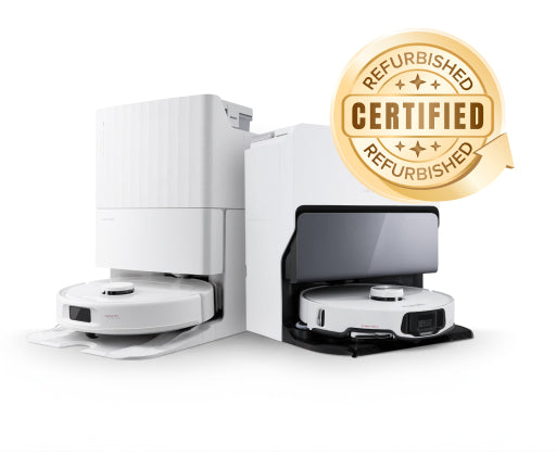 A white and a black Roborock robot vacuum docked in their base stations, with a gold Certified badge