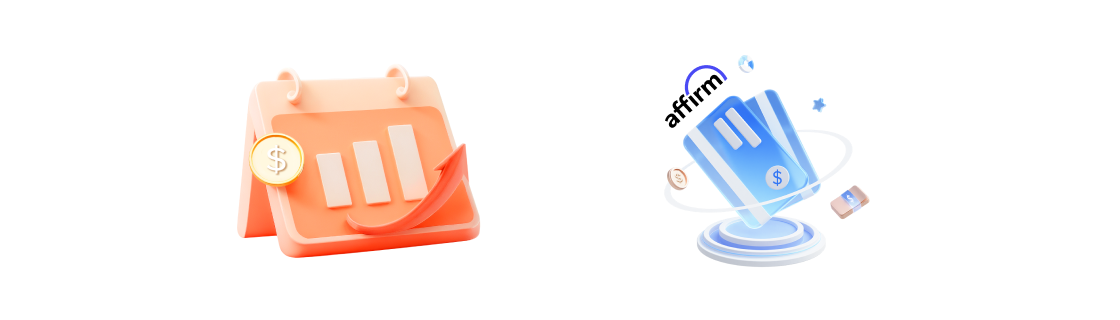 A 3D orange calendar with a bar chart, next to floating blue credit cards