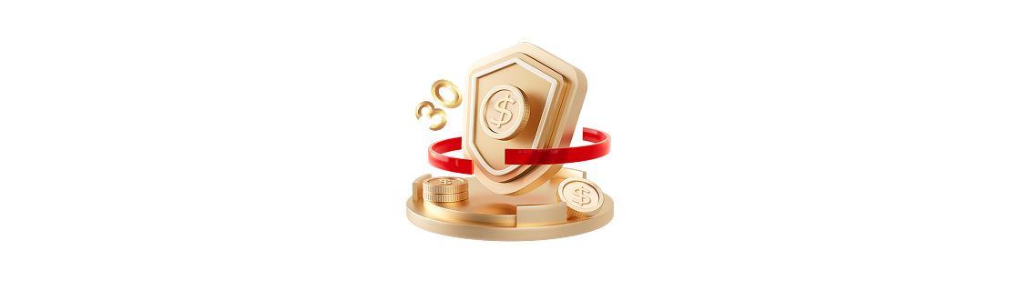 A 3D gold shield wrapped in a red ribbon, resting on gold coins