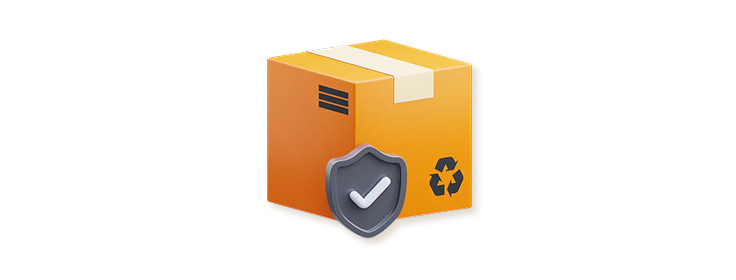 A 3D cardboard box with a dark grey protective shield icon in front of it
