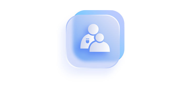 A glowing blue 3D icon depicting two person silhouettes