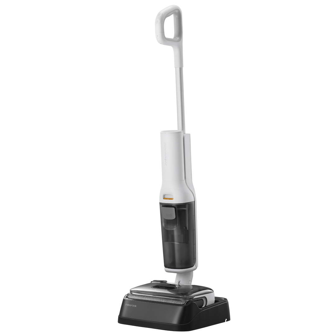 White and black Roborock F25 RT/GT wet/dry vacuum standing upright
