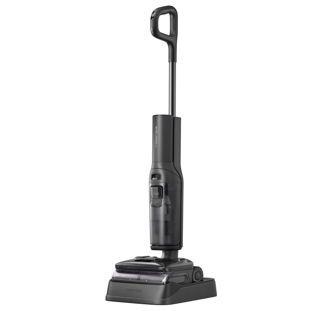 Black Roborock F25 Ultra wet/dry vacuum standing upright
