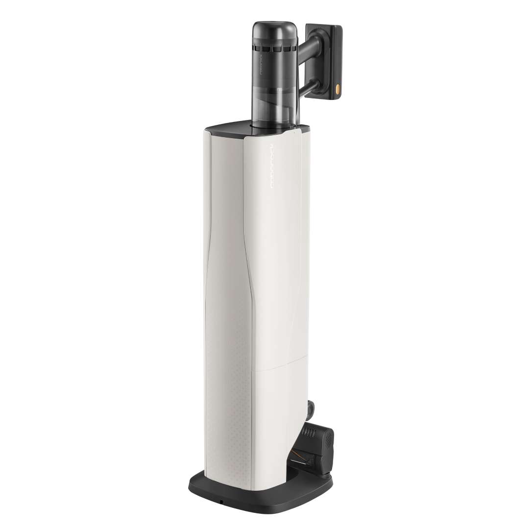 White Roborock H60 Hub Ultra cordless vacuum cleaner docked in an auto-empty dock