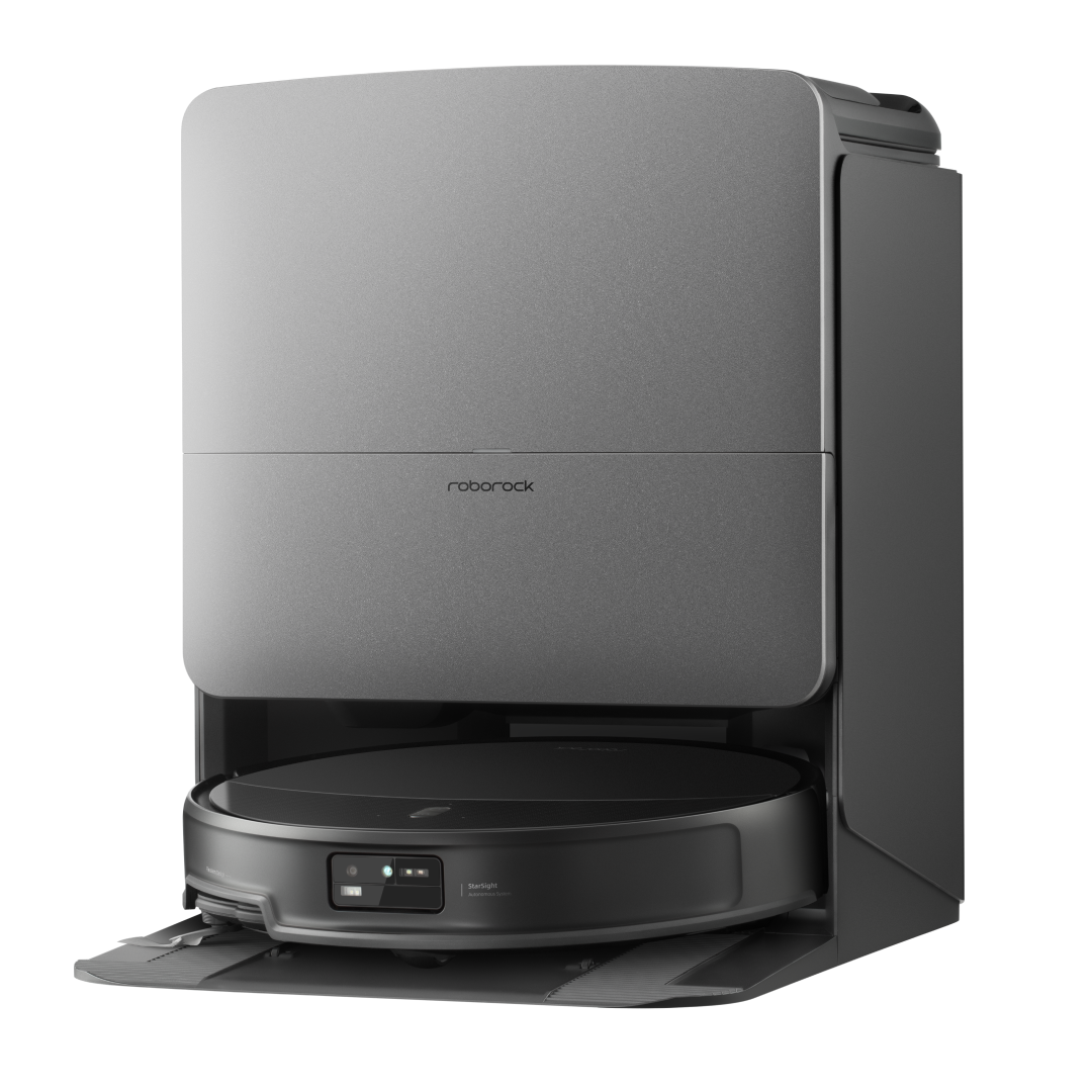 Black Roborock Saros 20 robot vacuum docked in a base station