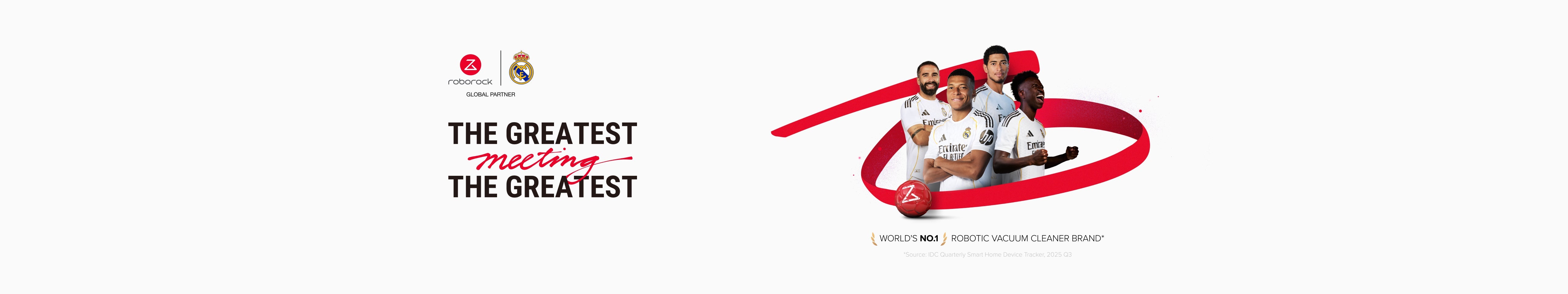 Promotional banner for Roborock and Real Madrid partnership, featuring four Real Madrid players posing alongside a lineup of Roborock cleaning devices and a red soccer ball